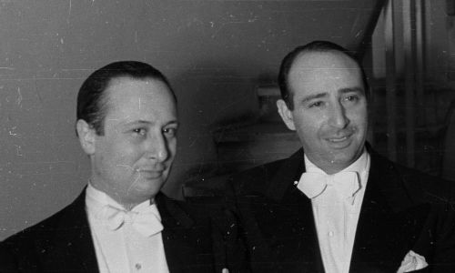 Władysław Szpilman i Bronisław Gimpel, czyli duet światowej sławy kompozytora i pianisty oraz skrzypka w lutym 1948 roku w Warszawie. Współpracę nawiązali już w 1934 roku, po 1945 grywali razem muzykę kameralną (z przerwą 1948-56). W 1963 stworzyli razem z trzema innymi muzykami Kwintet Warszawski, z którym koncertowali na całym świecie. Fot. PAP