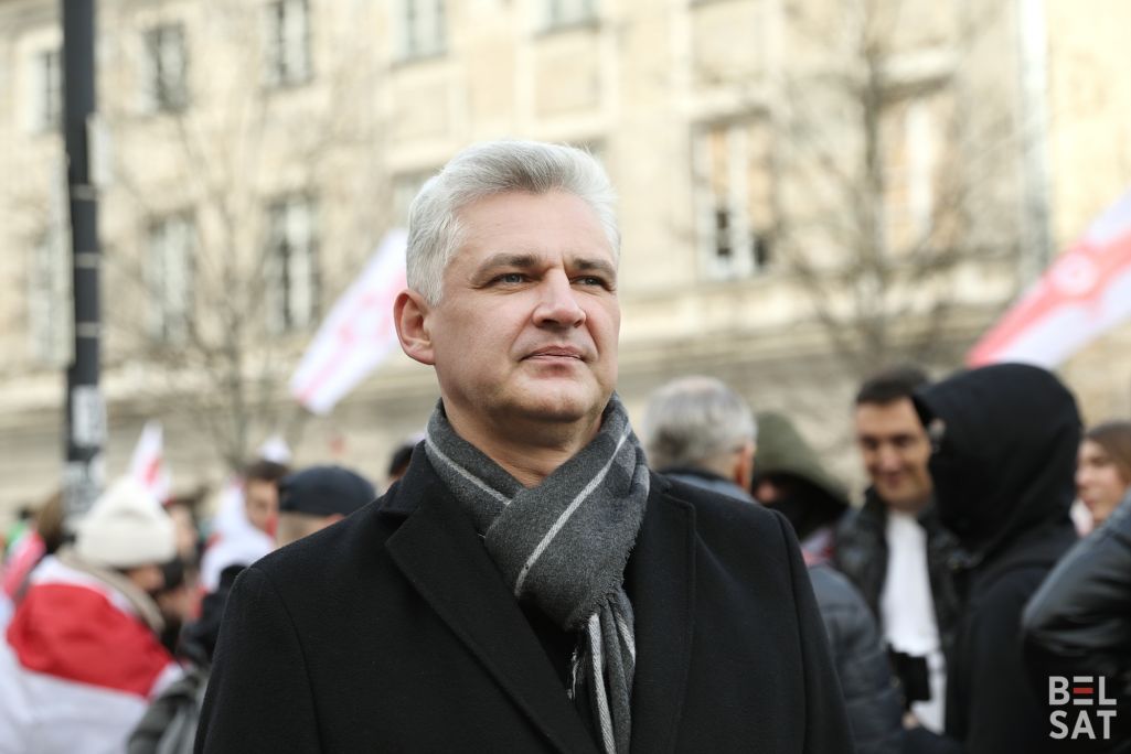 Старшыня руху «За свабоду» Юрый Губарэвіч на святкаванні Дня Волі ў Варшаве, Польшча. 24 сакавіка 2024 года. (Фота: Аліса Ганчар / Белсат)