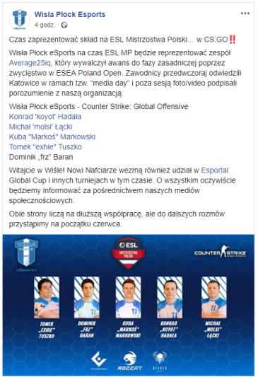 Oficjalny wpis na portalu Facebook Wisła Płock Esports