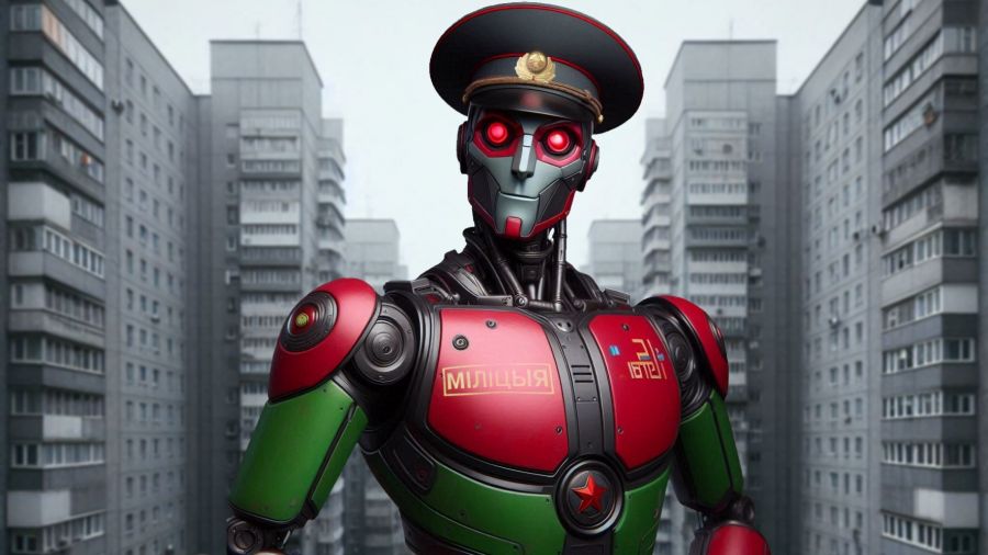 Малюнак згенераваны нейрасеткай. Робат-міліцыянт ва ўяўленні штучнага інтэлекту. Выява: Dall-E / Bing / Белсат