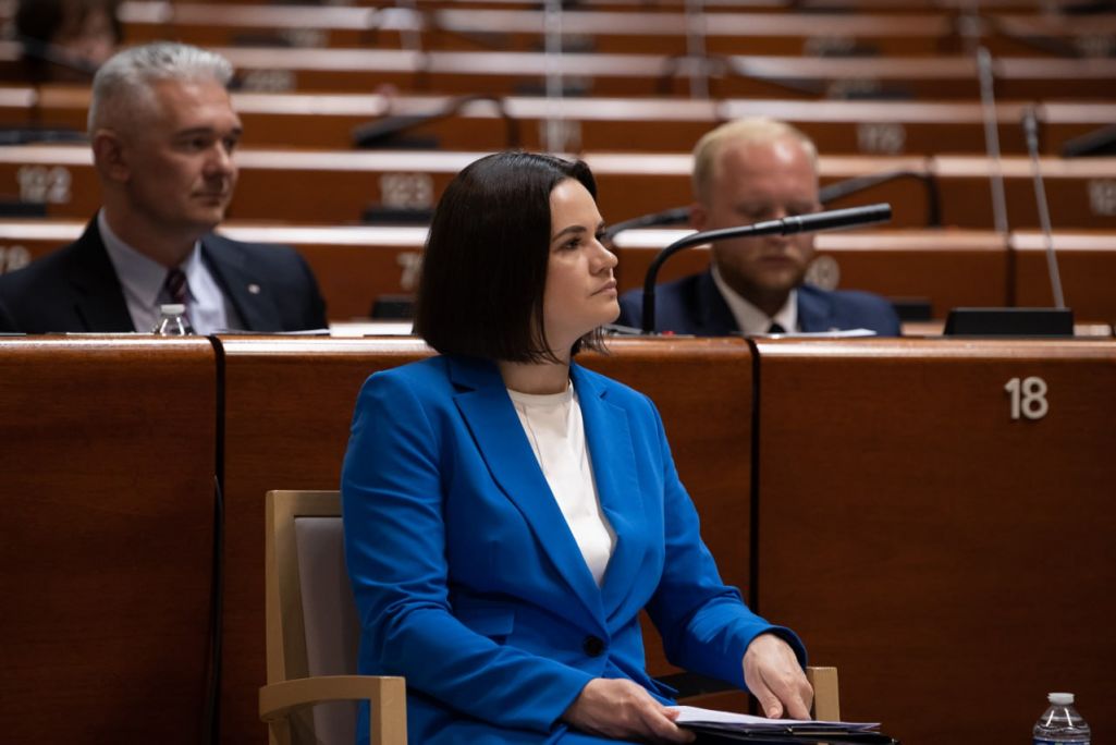 Святлана Ціханоўская на пленарнай сесіі Парламенцкай Асамблеі Рады Еўропы ў Страсбургу 25 студзеня 2024 года. (Фота: Святлана Ціханоўская / Telegram)