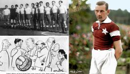 Kadra Polski w 1947 r. (L, góra), "lekarze" polskiego futbolu w 1956 r. (L, dół) i Reyman w 1926 r. (P) (fot. "PS" / NAC, korekta M. Kaczmarek - Kolor Historii)