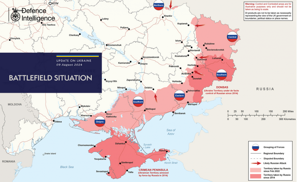 Мапа вайны ва Украіне станам на 9 жніўня 2024 года. Выява: Gov.uk