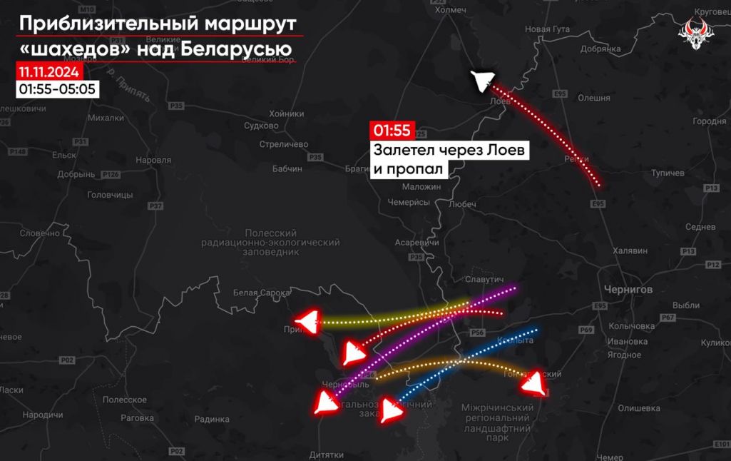 Схема пралёту беспілотнікаў над Беларуссю ў ноч з 10 на 11 лістапада. Крыніца: Беларускі Гаюн