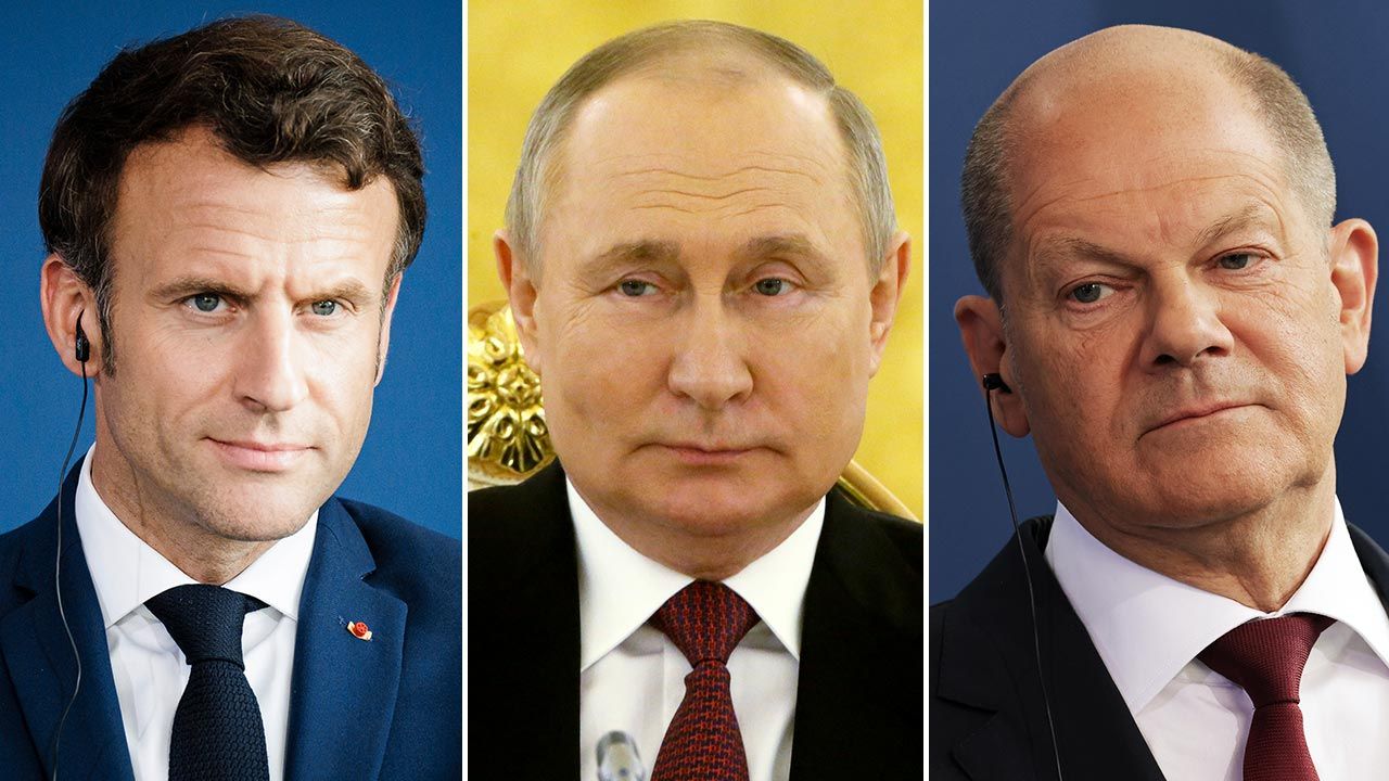 Emmanuel Macron, Władimir Putin, Olaf Scholz (fot. Getty Images)