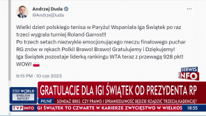 Gratulacje Idze Świątek złożył m.in. prezydent Andrzej Duda (fot. TVP Info)