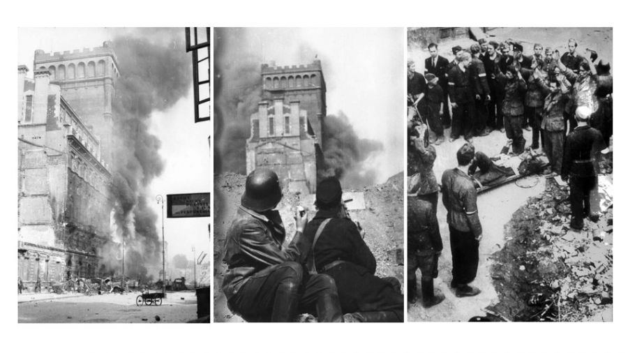 20 sierpnia 1944. Zdobycie wieżowca centrali telefonicznej, tzw. PAST-y oraz powstańcy na barykadzie na ul. Zielnej, obserwują płonący gmach – fot. PAP/Alamy. Na końcu Niemcy wzięci do niewoli po zajęciu budynku Polskiej Akcyjnej Spółki Telefonicznej – fot. FoKa / Forum