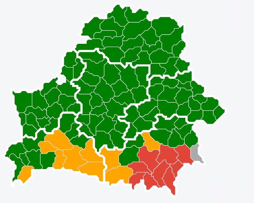 Карта забарон і абмежаванняў на наведванне лясоў у раёнах Рэспублікі Беларусь. Мапа: Мінлесгас