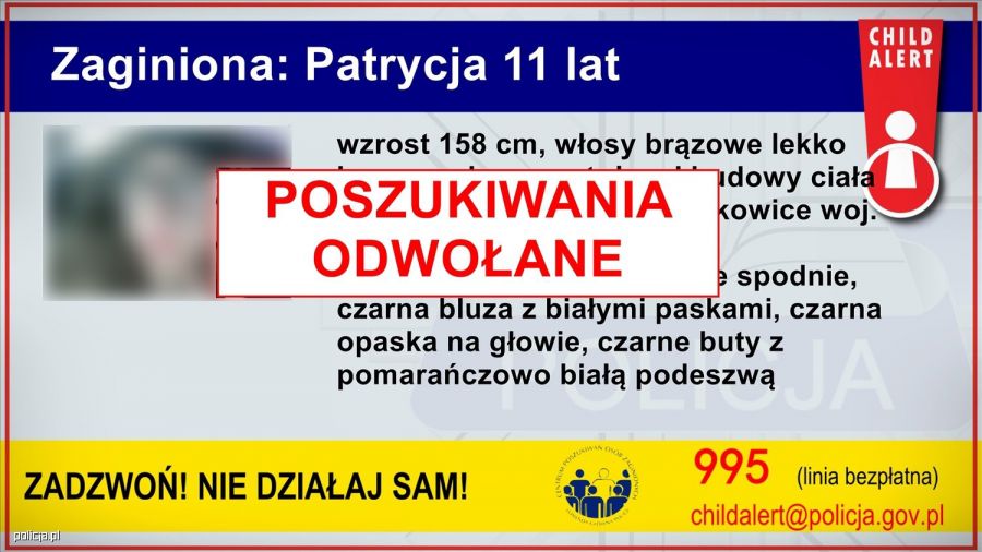 Policja odwołuje child alert zw. z 11-letnią Patrycją  (fot. źródło: policja.pl)