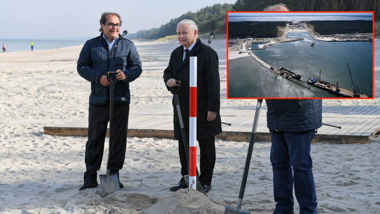 Symboliczne wbicie łopaty w miejscu przyszłej budowy, 2018 rok (od lewej: wiceminister Marek Gróbarczyk i prezes PiS Jarosław Kaczyński) (fot. PAP/Adam Warżawa).