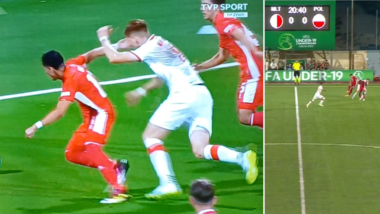 Dwie kluczowe sytuacje z meczu Malta – Polska: najpierw nie było rzutu karnego dla Polski, a później była czerwona kartka dla Polski (fot. TVP Sport)
