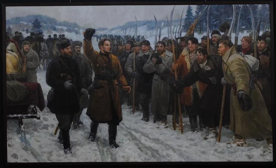 Кастусь Каліноўскі сярод паўстанцаў 1863 года. Мастак – Пётра Сергіевіч. 1955 год. Крыніца: niab.by