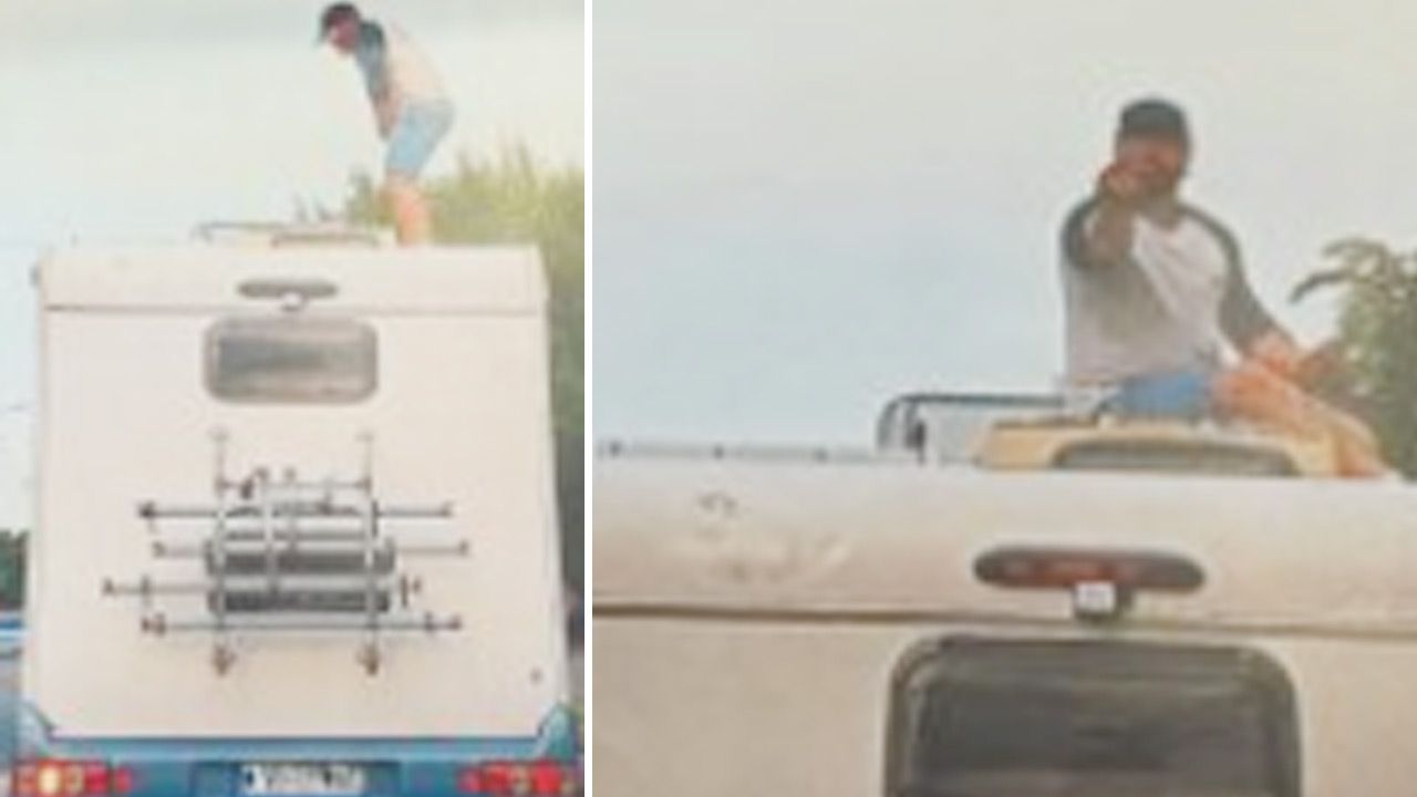 Pasażer wszedł na dach kampera (fot. Policja) Pasażer wszedł na dach kampera (fot. Policja)