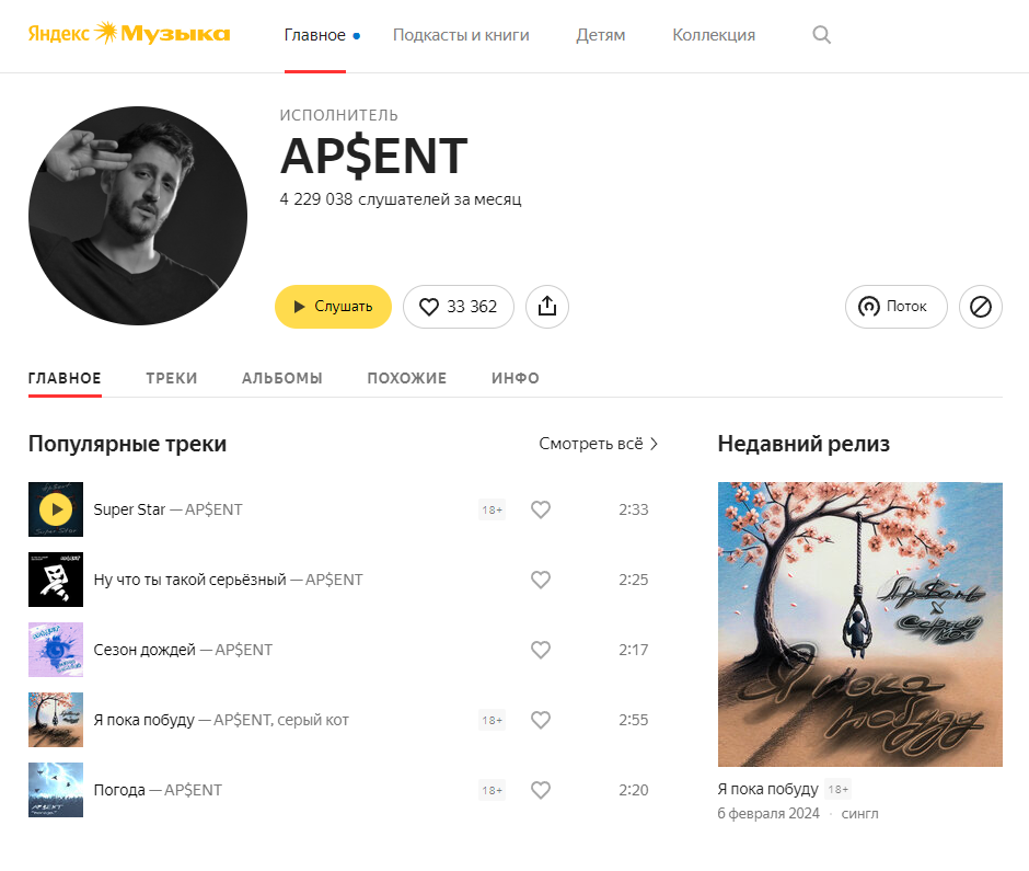 Старонка выканаўцы Ap$ent на сэрвісе «Яндекс Музыка» пры ўваходзе з беларускага адрасу. 29 сакавіка 2024 года. (Скрыншот: Music.yandex.ru)
