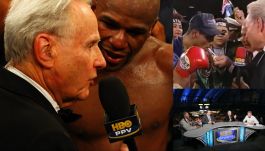 Z lewej: Larry Merchant (L) i Floyd Mayweather. U góry z prawej z Ricardo Mayorgą, niżej: ekipa HBO (fot. Getty)