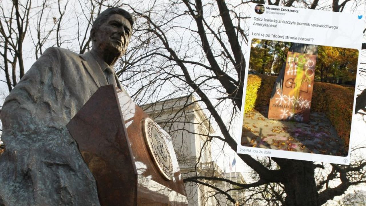 Pomnik Reagana w Warszawie (fot. REUTERS/Kacper Pempel; Twitter/ Sławomir Cenckiewicz)