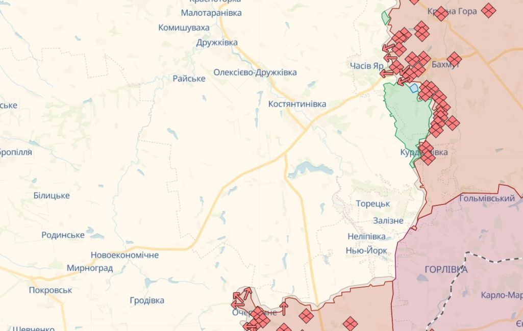 Сітуацыя на фронце ў Данецкай вобласці паміж Часавым Ярам і Ачарэтным на 1 траўня 2024 году. (Крыніца: deepstatemap.live)
