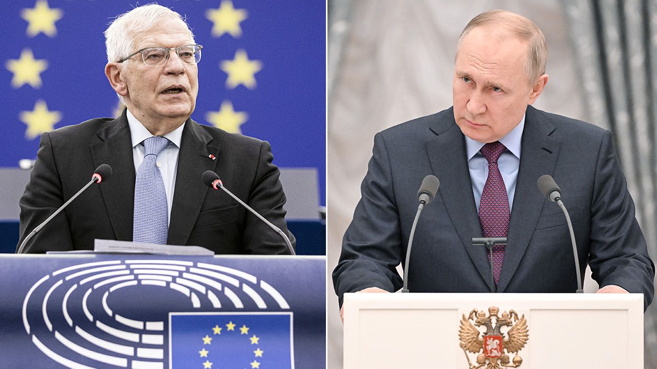 Josep Borrell i Władimir Putin (fot. Sathiri Kelpa/Anadolu Agency via Getty Images; Sergei Guneyev\TASS via Getty Images)