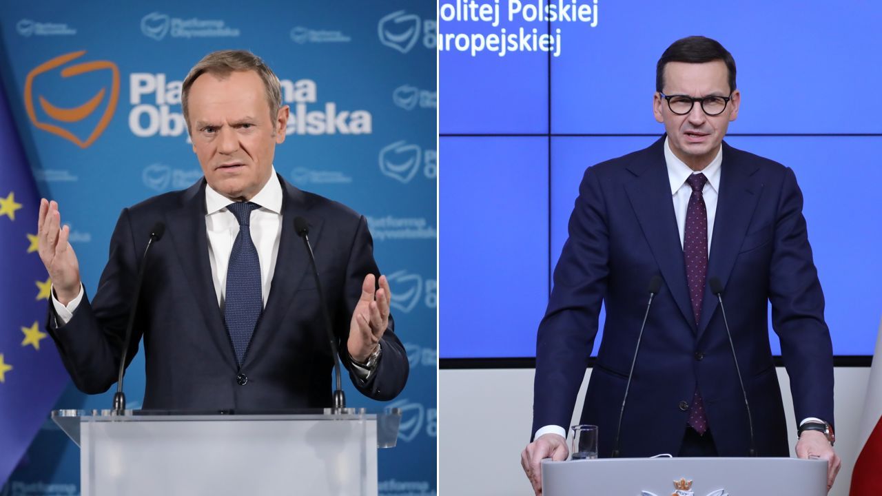 Szef Platformy Obywatelskiej Donald Tusk i premier Mateusz Morawiecki (fot PAP/Wojciech Olkuśnik)