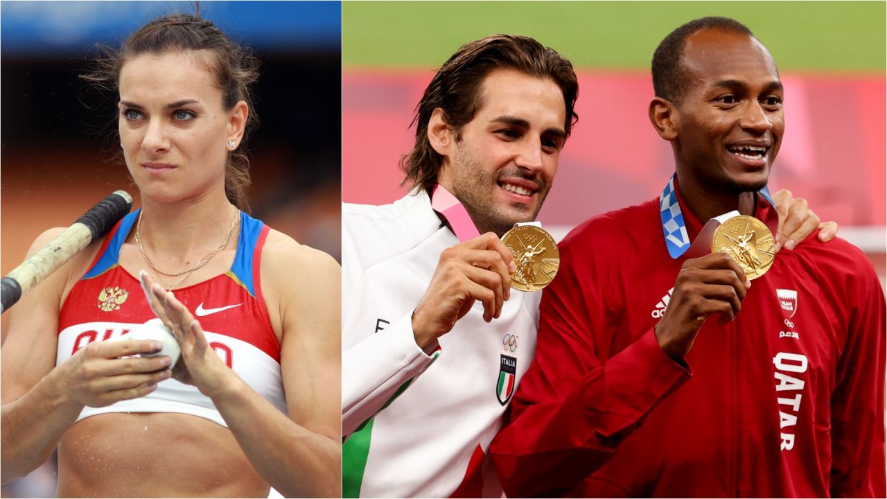 Jelena Isinbajewa (L) oraz Gianmarco Tamberi i Mutaz Essa Barshim (fot. Getty)