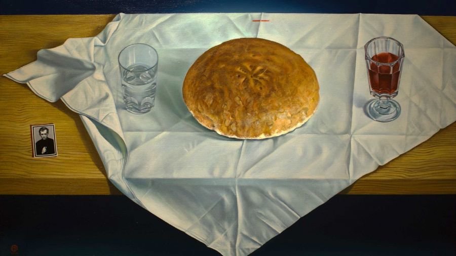Fragment pracy „Sacrum” Mariana Kępińskiego z 1984 r., olej na płótnie. 46,5 x 74 cm, wł. Muzeum Archidiecezji Warszawskiej. Fot. Muzeum w Gliwicach