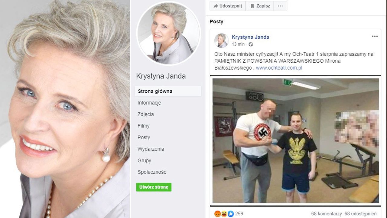 Logo NSDAP na koszulce i gejowski plakat zostały dodane do zdjęcia (fot. FB/Krystyna Janda) Logo NSDAP na koszulce i gejowski plakat zostały dodane do zdjęcia (fot. FB/Krystyna Janda)