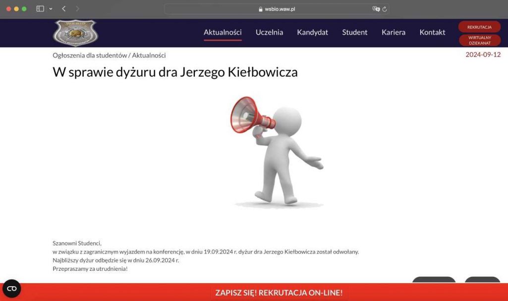 12 верасня Школа праінфармавала, што доктар Келбовіч едзе на «замежную канфэрэнцыю». Фота: скрыншот / wsbio.waw.pl