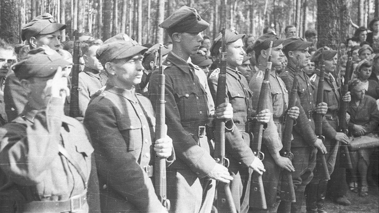 Wola Rafałowska, wrzesień 1945 r. po głoszeniu amnestii oddział leśny AK pod Kałuszynem prezentuje broń (fot. arch.PAP/CAF/Szczeciński)