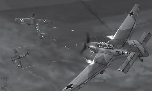 Wczesnym rankiem 1 września 1939 r., po tym jak Luftwaffe zbombardowała lotnisko w Krakowie, pilot Stuki Frank Neubert zaatakował polskich pilotów Gnysia i Medweckiego startujących do lotu na przechwycenie bombowców. Kpt. Medwecki zginął. Gnyś odruchowo wykonał manewr w lewo i w dół. Autor ilustracji: John D. Bindon