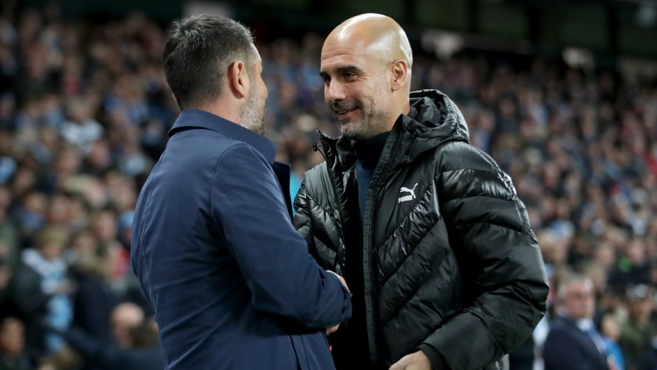 Nenad Bjelica i Pep Guardiola przed meczem Dinama Zagrzeb z Manchesterem City (fot. Getty).