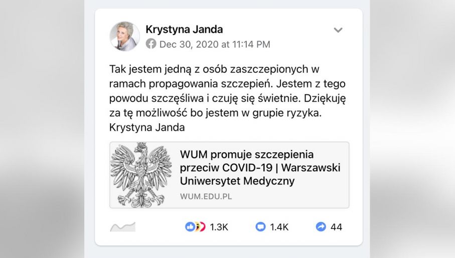 Screen shot wpisu na stronie FB Krystyny Jandy