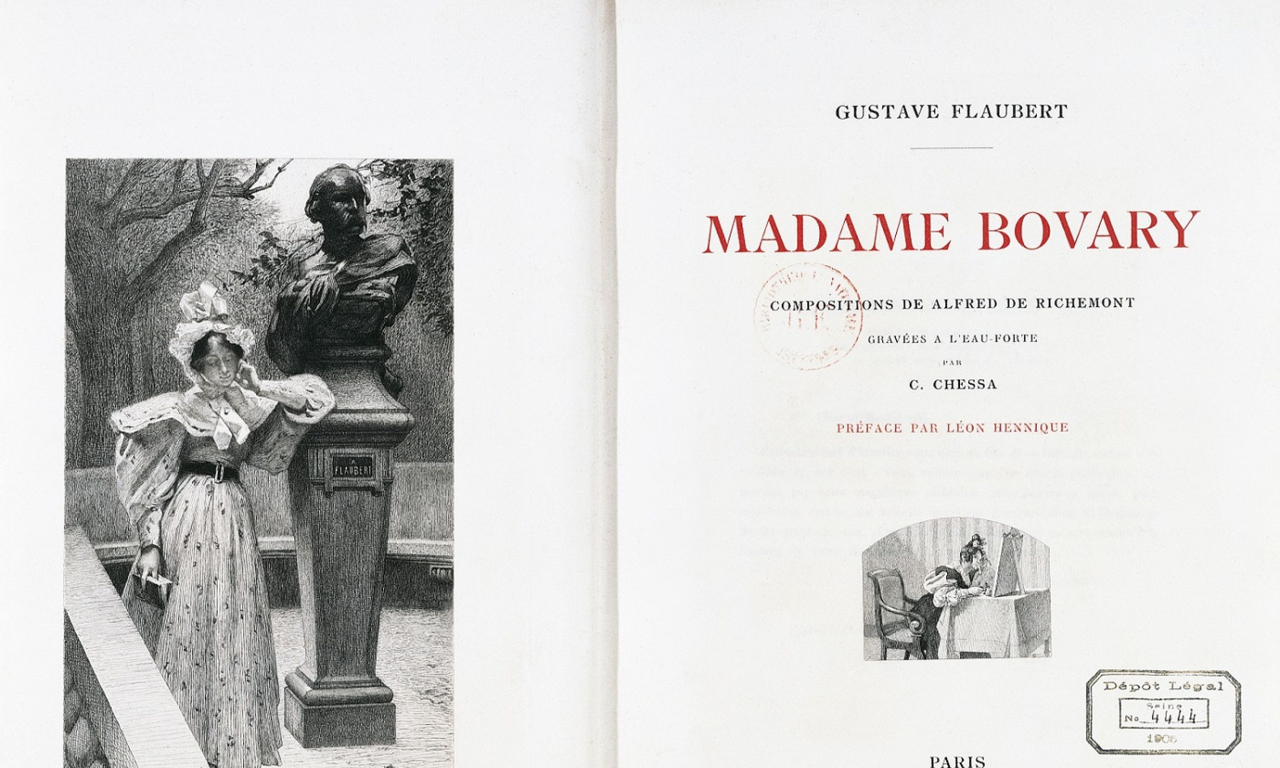 „Pani Bovary” opowiada o zderzeniu romantycznych urojeń z rzeczywistością. Książka, okrzyknięta zrazu „obrazą dla Francji i kobiet”, odniosła wielki sukces. Wciąż rezonuje w kulturze Zachodu. Dla postmodernisty Juliana Barnesa to najlepsza powieść, jaką dotąd napisano. Vladimir Nabokov i Milan Kundera uznali, że proza Gustave'a Flauberta to czysta poezja. Na zdjęciu strona tytułowa francuskiego wydania z 1905 r. Paryż, Bibliothèque Nationale De France. Fot. DeAgostini/Getty Images