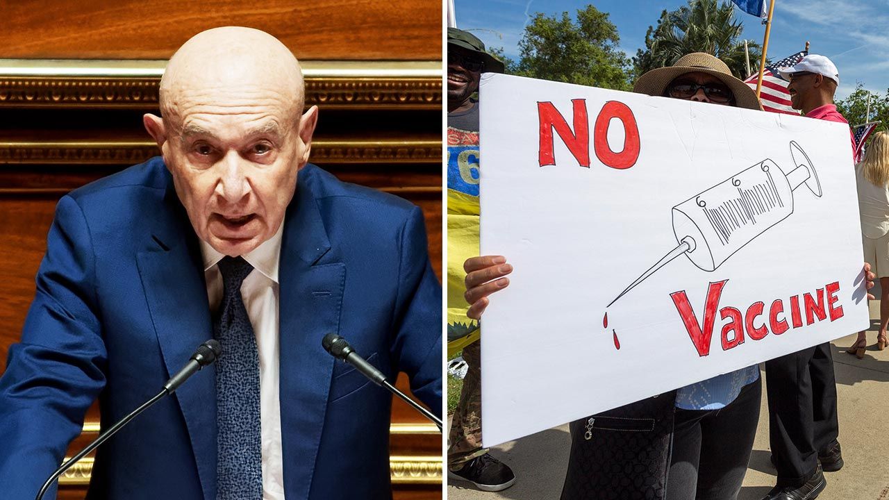 Claude Malhuret porównał antyszczepionkowców z „polską kawalerią atakującą sowieckie czołgi w latach 40.” (fot. Daniel Pier/NurPhoto via Getty Images; David McNew/Getty Images) Claude Malhuret porównał antyszczepionkowców z „polską kawalerią atakującą sowieckie czołgi w latach 40.” (fot. Daniel Pier/NurPhoto via Getty Images; David McNew/Getty Images)