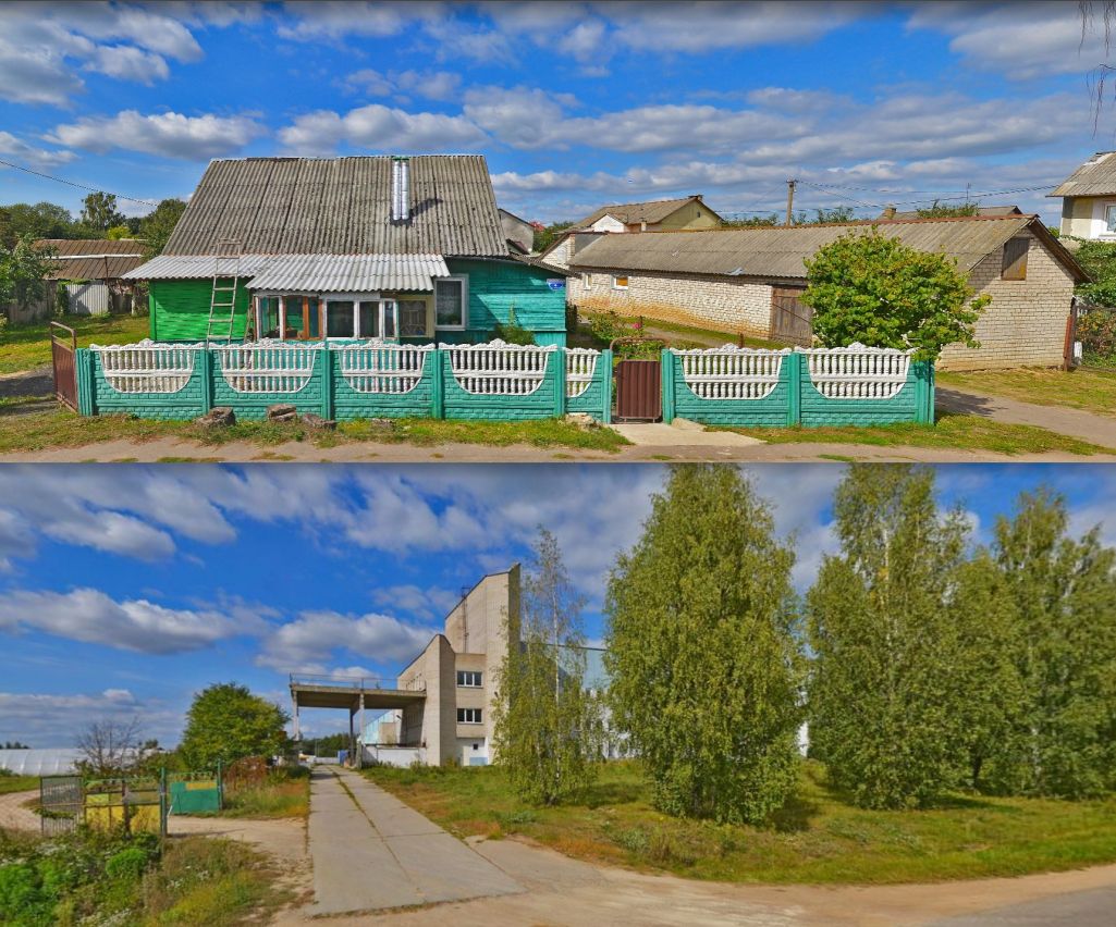 Будынкі 4 і 4А па вуліцы Школьная ў Атоліна (Знізу: дом 4А па вуліцы Школьнай, дзе сапраўды недабудаванае бульбасховішча. Атоліна, Беларусь. 2023 год. Скрыншот: Yandex.ru)