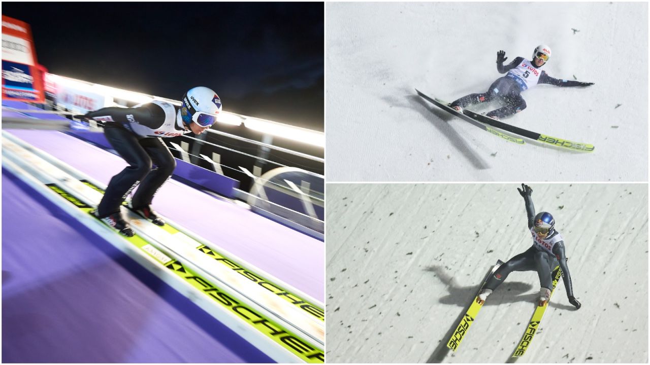 Kamil Stoch (L) rusza na najeździe skoczni w Wiśle. Obok problemy Hamanna i Wellingera po dalekich skokach (fot. Getty)