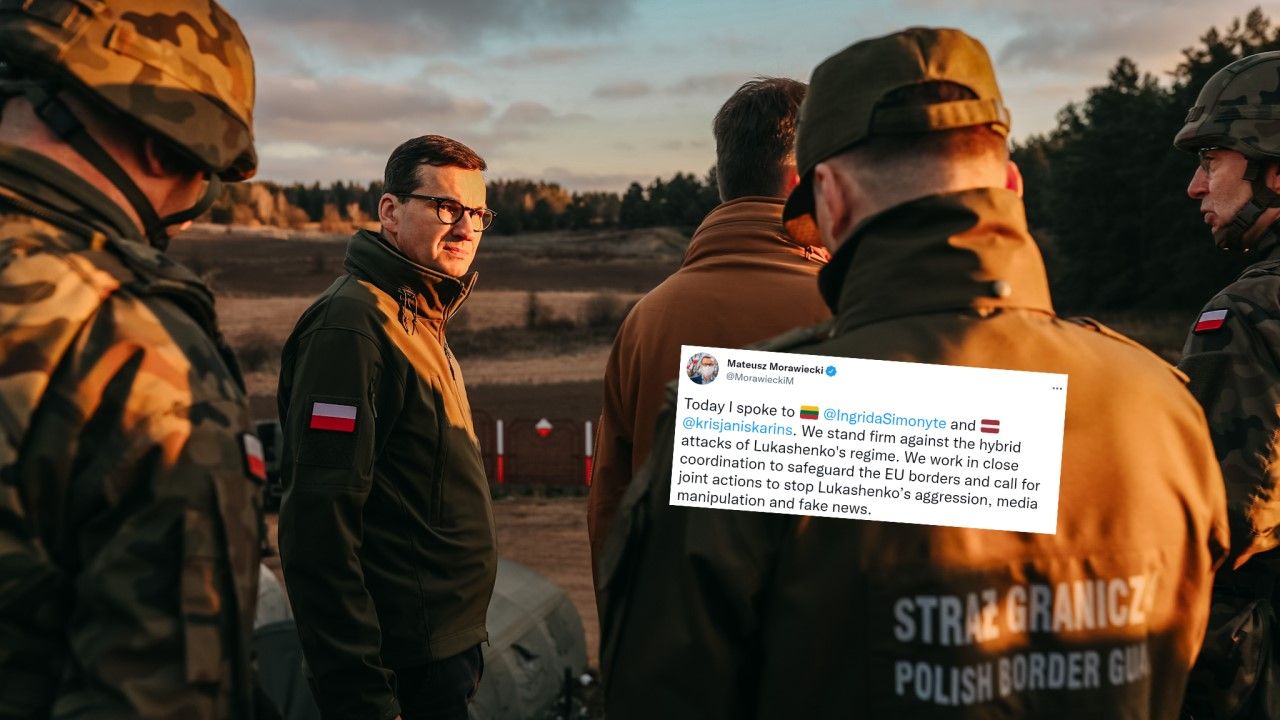 Premier Mateusz Morawiecki na granicy Polski i Białorusi 9 listopada br. (fot. Polish Ministry Of Defence via Getty Images/ Twitter)