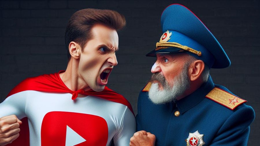 Малюнак згенеравала нейрасетка. Бой YouTube з міліцыянтам ва ўяўленні штучнага інтэлекту. Выява: Dall-E / Bing.com